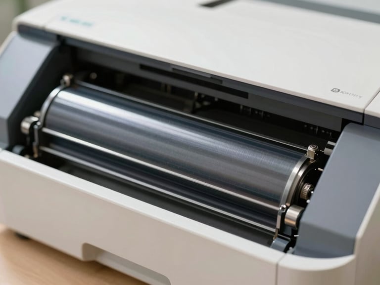 Macro detail shot of a high-precision Xerox printer toner drum assembly, bright neutral office daylight, clean and sharp technical focus