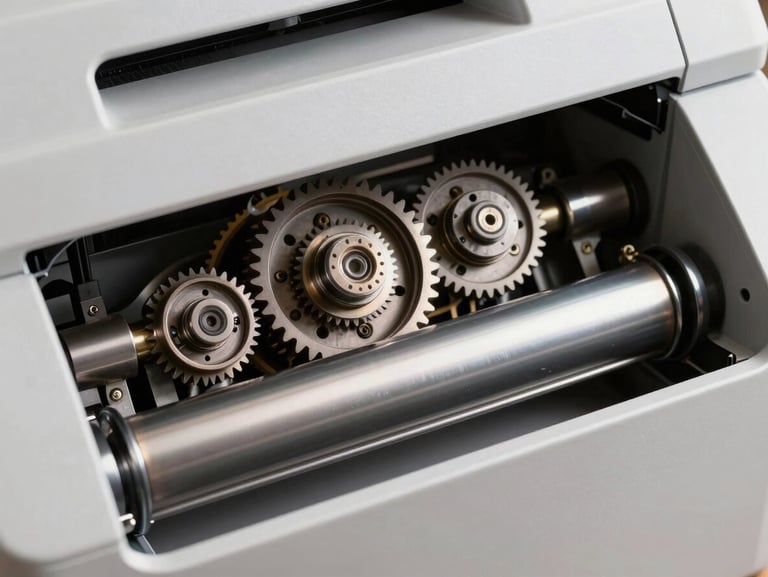 Macro detail shot of internal mechanical gears and precision paper feed rollers of a high-volume copier, clean studio lighting.