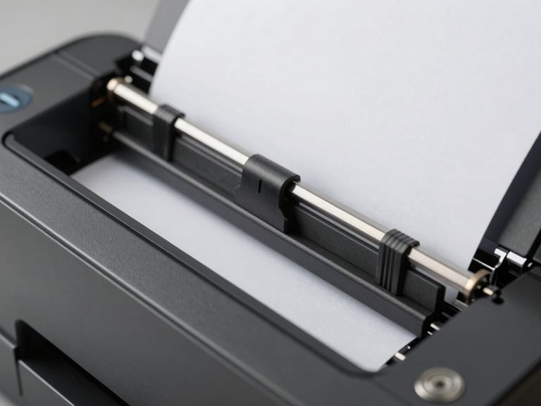Macro detail shot of a monochrome printer paper feed mechanism, clean studio lighting, high precision