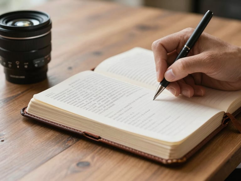 Close-up of hands writing notes in a leather journal next to an open Bible on a wooden table, soft natural daylight.