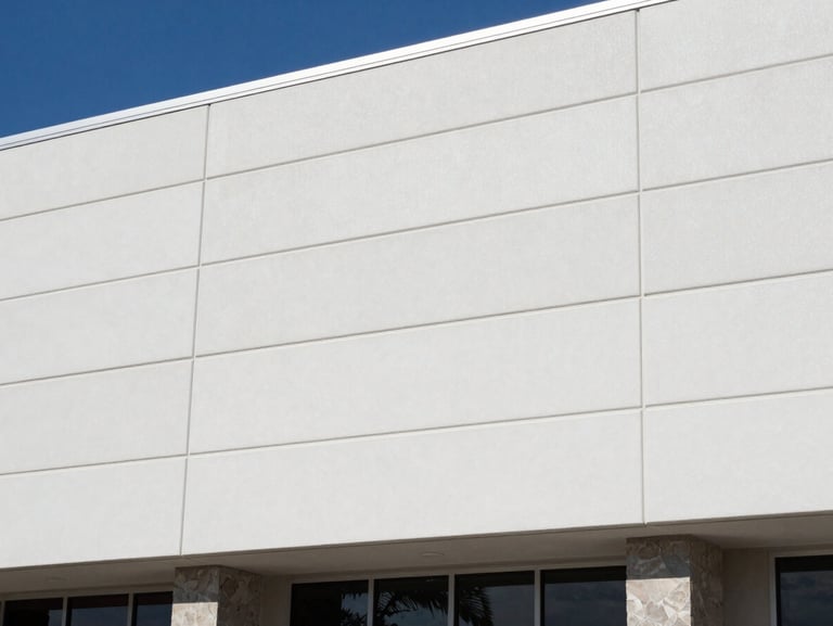 After photo of the same commercial building exterior with new Nichiha fiber cement panel system installed, clean horizontal lines, architectural reveals at floor transitions, natural Florida daylight, no people