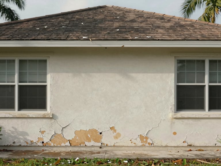 Before photo of a Florida residential exterior with deteriorating original stucco, visible cracking and discoloration along the facade, natural daylight, no people, documentary framing