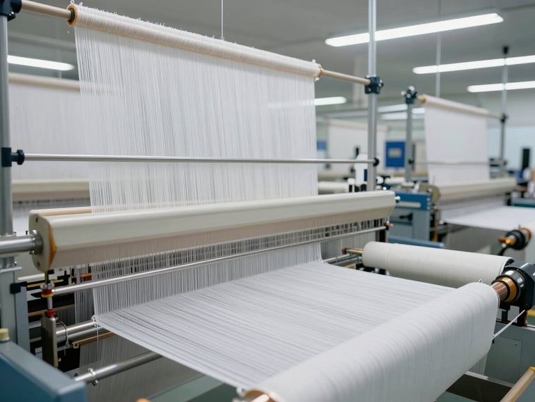 High-volume industrial weaving looms operating in a clean, modern textile manufacturing plant, bright clinical white light, focus on the dense thread-level integrity of the fabric.