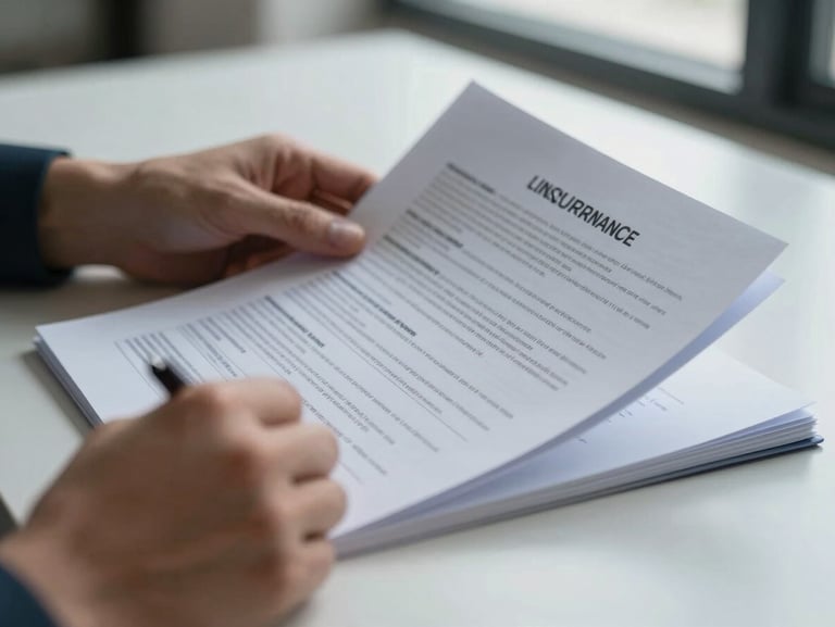 Close-up of a person's hands turning pages of a printed insurance plan document on a clean desk, cool natural window light, a pen resting nearby, no faces visible, focus on the document text and the act of reading