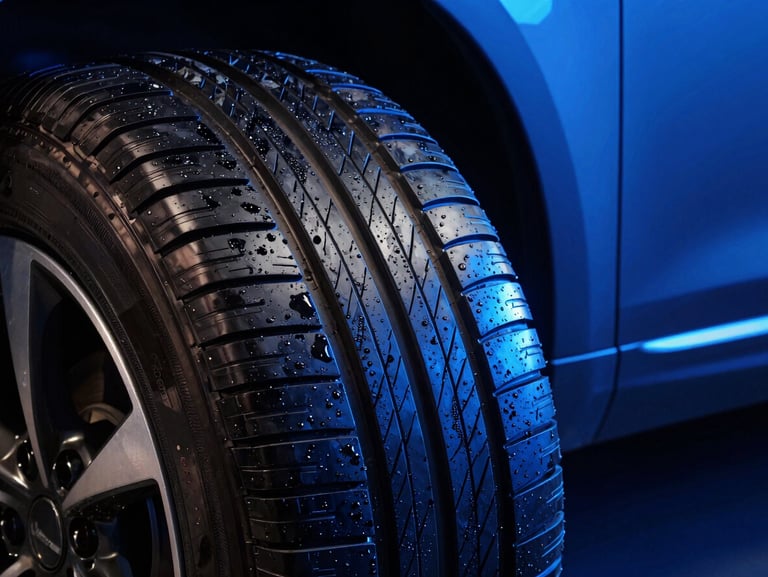 Close-up of a clean car tire, half wet look deep black shine, half dusty brown rubber, dramatic blue neon backlighting, high contrast, 50mm
