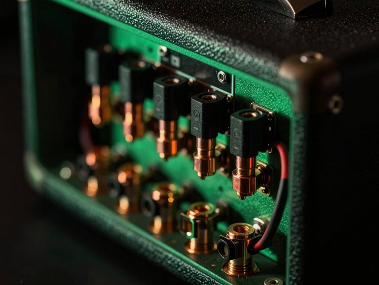 Macro shot of high-end amplifier rear-view wiring, clean copper terminals, moody green backlighting, sharp technical details