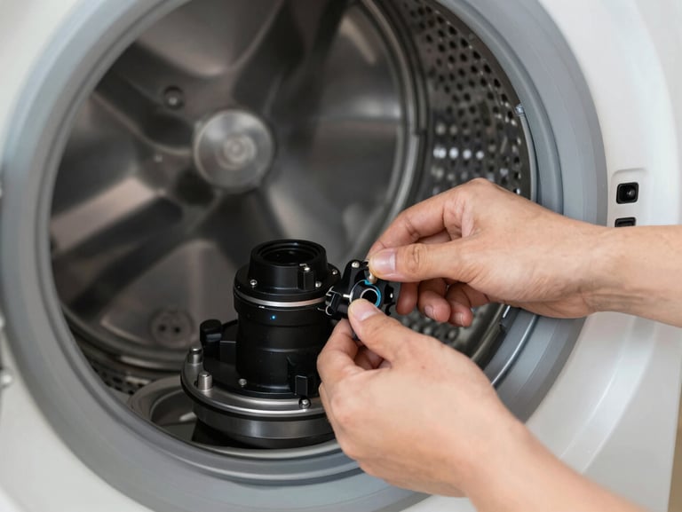 Close-up shot of a technician's hands replacing a black drain pump valve inside a modern washing machine, bright professional indoor lighting.