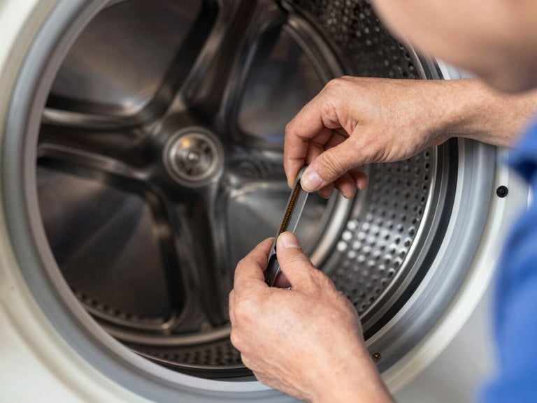 Close-up action shot of a technician aligning a new drive belt onto a tumble dryer drum, clean tools visible, bright daylight.