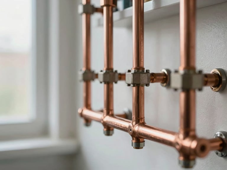 Close-up of neat copper pipework in a bright, modern utility room, natural daylight, showcasing precise British craftsmanship.