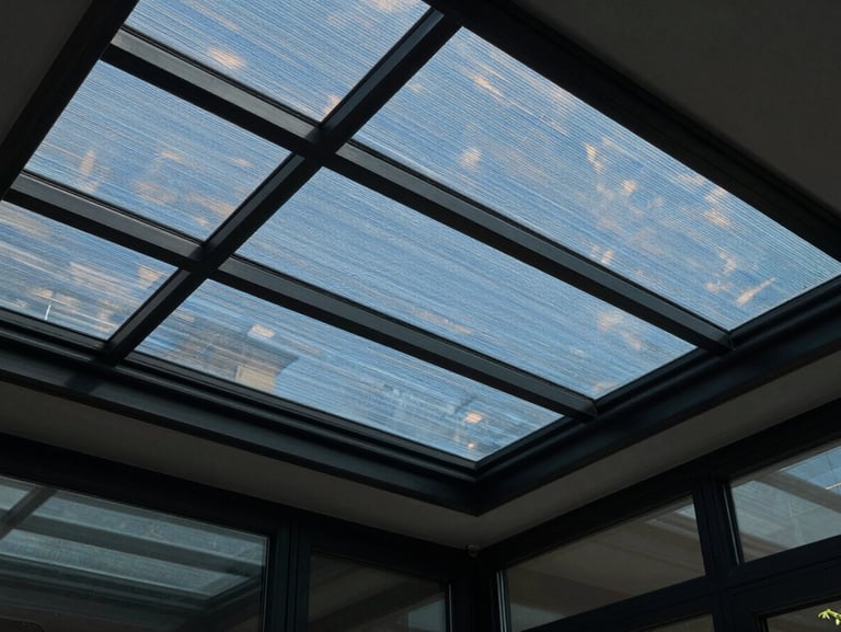 A modern residential conservatory with solar control film applied to the glass roof, casting a cool, soft shadow inside while maintaining perfect optical clarity looking out