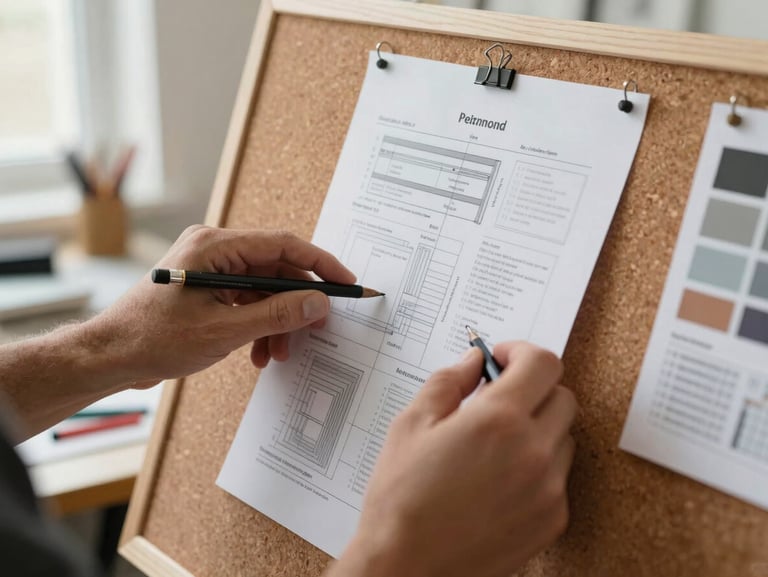 Close-up of a designer's hands reviewing a printed proof sheet pinned to a cork board in a production workspace, annotations in pencil visible on the sheet, warm natural light from a side window, tools and material samples blurred in background