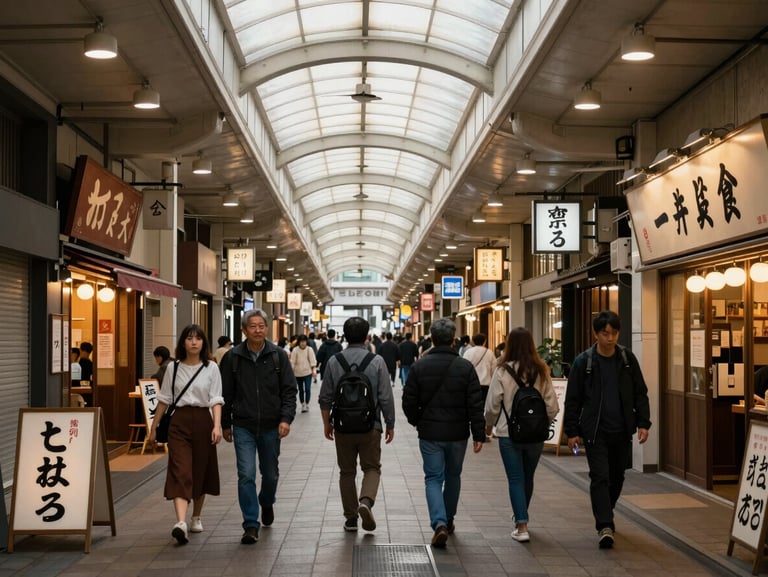 Street-level shot of a Japanese covered shopping arcade in Osaka, late afternoon, local shoppers walking past small restaurants with hand-lettered signs, warm tungsten light mixing with daylight, documentary style, no filter