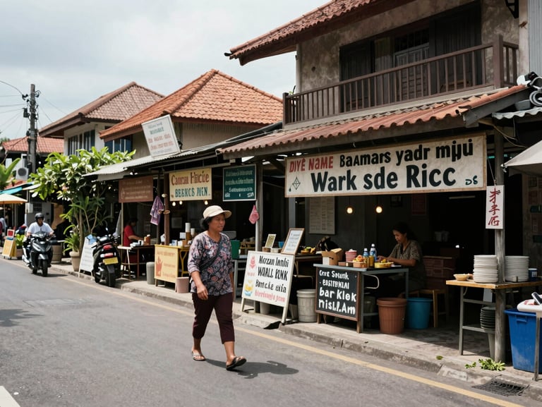 Wide environmental shot of a Bali neighborhood street—not a beach—a local woman walking past a row of small warung shops with handwritten signs, natural daylight, documentary street photography, no saturation