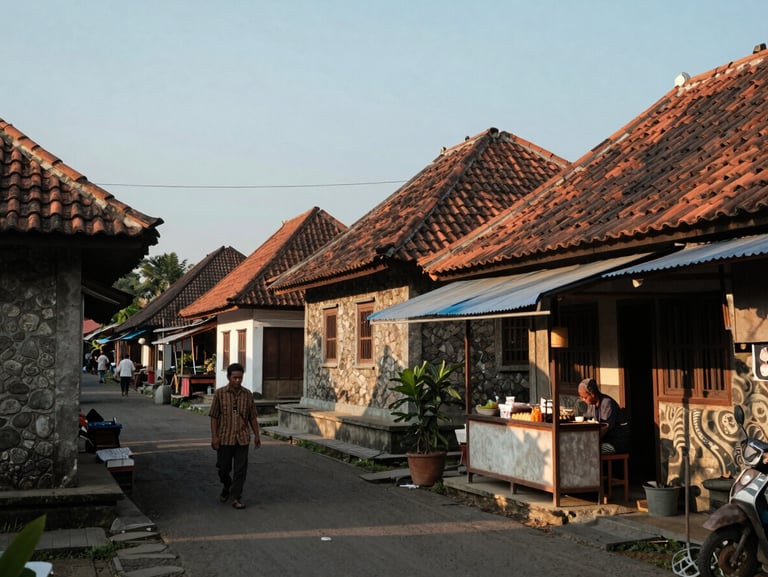 Narrow lane in Yogyakarta's Kotagede district, late afternoon light on stone walls and terracotta roof tiles, a local resident walking past a small warung, documentary candid framing