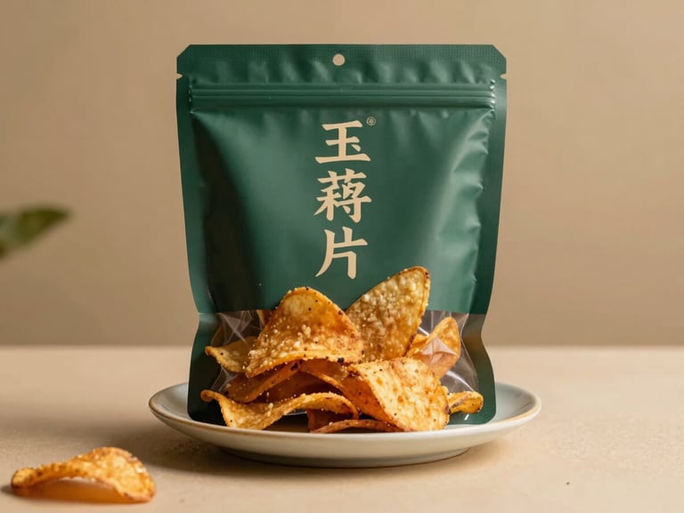 Elegant minimalist packaging of vacuum-fried sweet potato and taro chips, styled with raw ingredients on porcelain, soft shadows