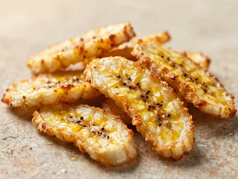 Macro shot of crispy golden vacuum-fried banana and jackfruit slices, scattered on a raw stone surface, warm daylight