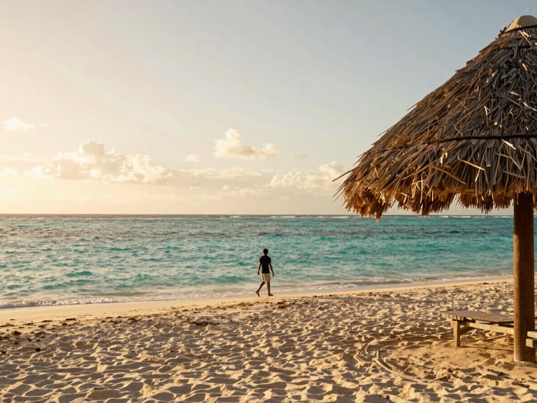 Wide environmental shot of Punta Cana coast at golden hour, a thatched palapa on the right edge, turquoise water and white sand stretching left, a traveler walking toward the water in silhouette, warm sky overhead