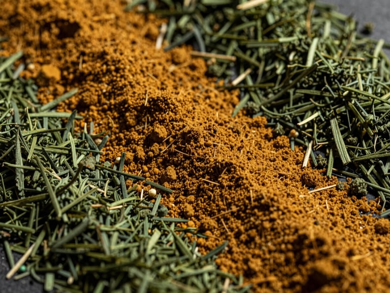 Top-down macro shot of fine amber-colored herbal powder arranged in clean geometric ridges, deep shadows, soft directional light