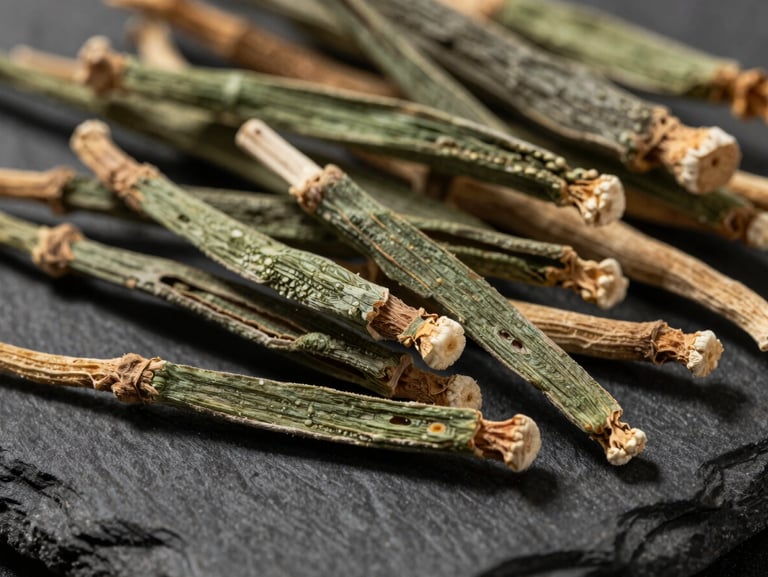 Macro close-up of raw dried ashwagandha roots on a dark slate surface, soft morning side-light, high-contrast textures