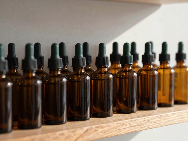 Amber glass apothecary bottles arranged neatly on a wooden shelf, soft directional side-lighting, warm shadows, clean minimalist background
