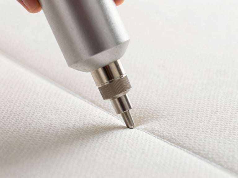 Close-up of a precise nozzle applying micro-encapsulated spray to a mattress seam, bright sterile lighting, focus on safety and precision.
