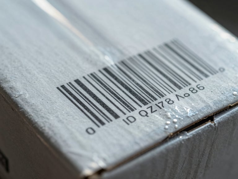 Close-up macro detail of a pristine shipping box with a crisp tracking barcode, cool daylight reflecting off metallic surfaces.