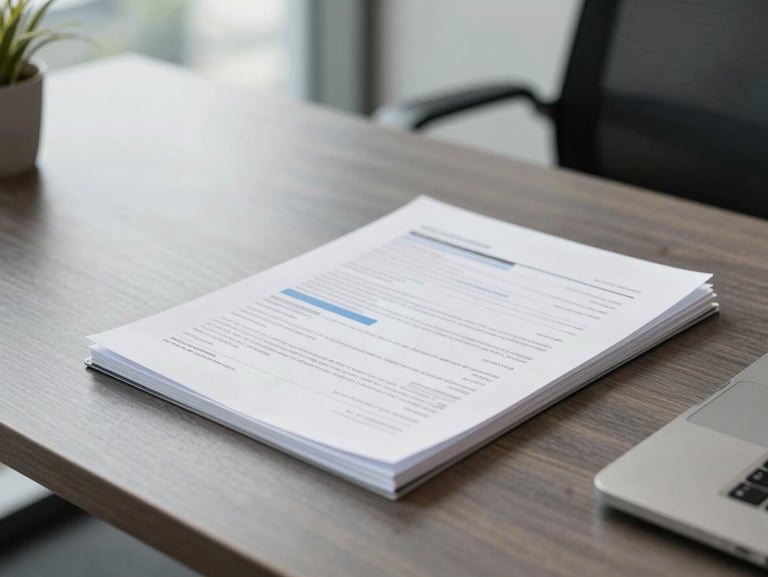 Crisp corporate photography of a modern Singaporean office desk with financial documents, natural daylight, cool slate tones, 35mm