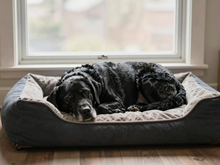 A senior black labrador resting peacefully on a thick, high-quality orthopedic dog bed near a sunny window, warm editorial style, 35mm