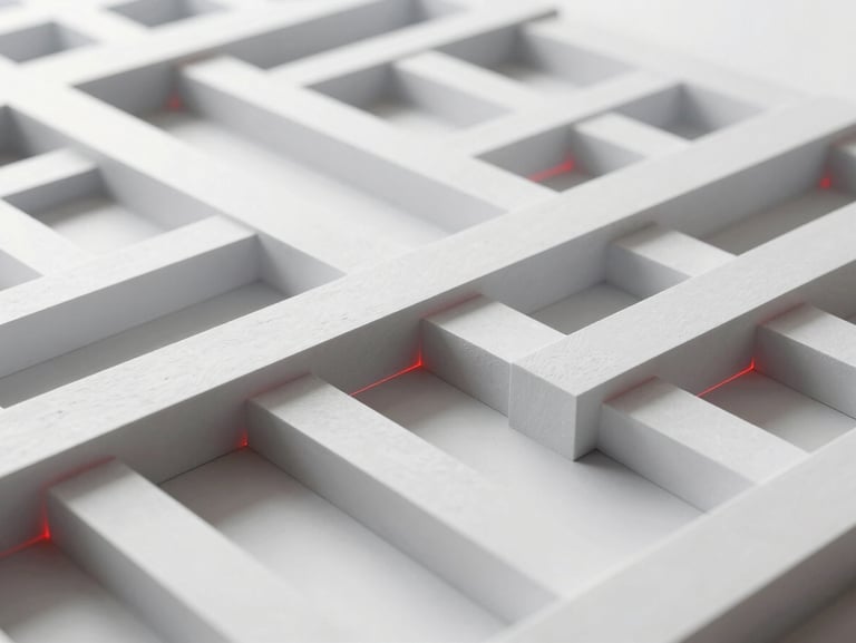Abstract geometric wireframe rendered in clean 3D, slate and white planes with subtle red laser lines, high-contrast architectural lighting.