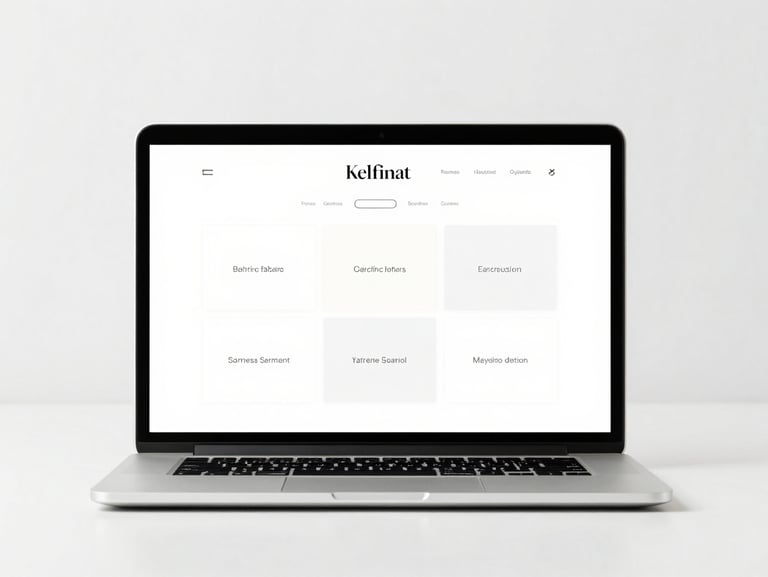 Minimalist corporate website mockup displayed on a clean laptop screen, sharp grid layout, elegant typography, bright daylight studio setting.