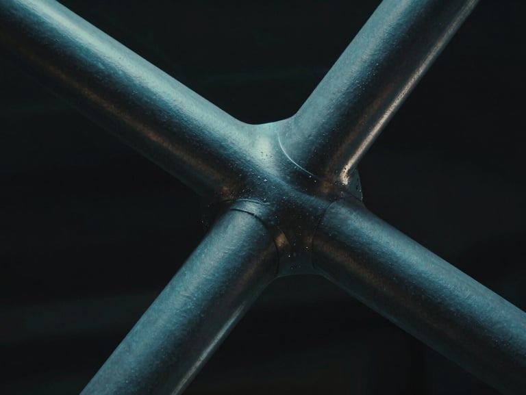 Extreme close-up of a complex architectural node connecting four steel struts, moody lighting with sharp cyan highlights, ultra-sharp details