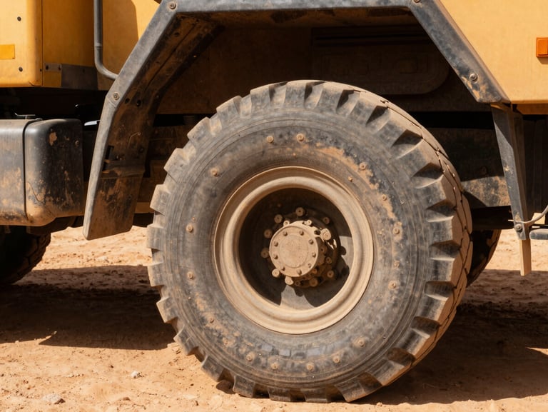Extreme close-up of heavy-duty desert transport truck tire and steel suspension caked in fine orange Saharan dust, high-contrast midday sun.