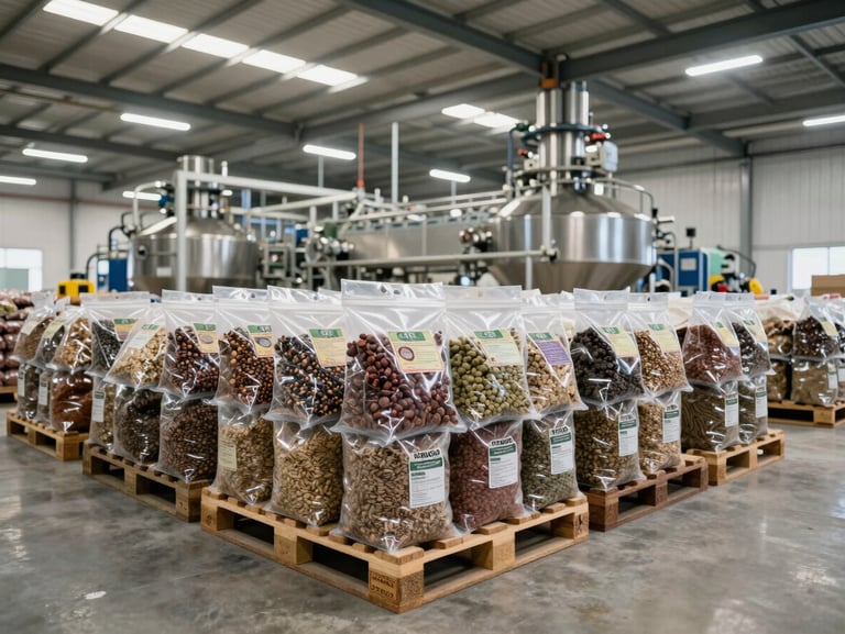 Wide-angle view of a clean, modern agricultural processing facility in Peru, with sealed export-ready bags of superfoods stacked neatly on pallets under bright warehouse lighting.