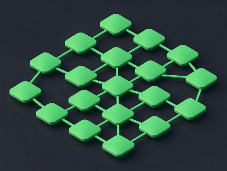 Isometric digital diagram showing structured message flow nodes branching from a single broadcast node, vibrant green lines, clean dark background