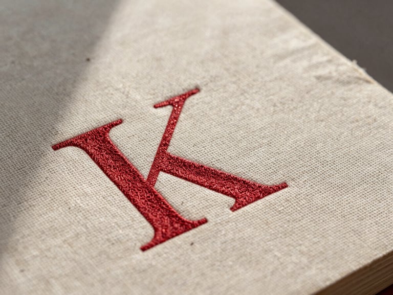 Macro detail of a linen book jacket with deep debossed crimson lettering, soft directional window light with natural shadows