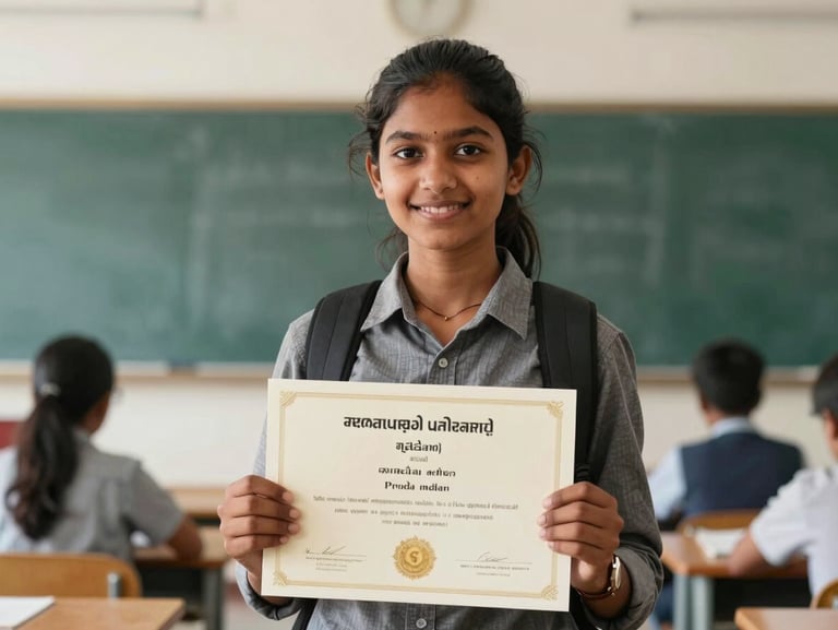 Proud Indian student holding an academic certificate, clean classroom background, natural lighting