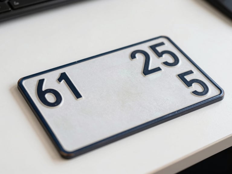 Flat-lay overhead shot of a Turkish vehicle registration document on a clean white desk, bright neutral studio light, extreme close-up showing printed plate number and policy date fields, no faces, no shadows