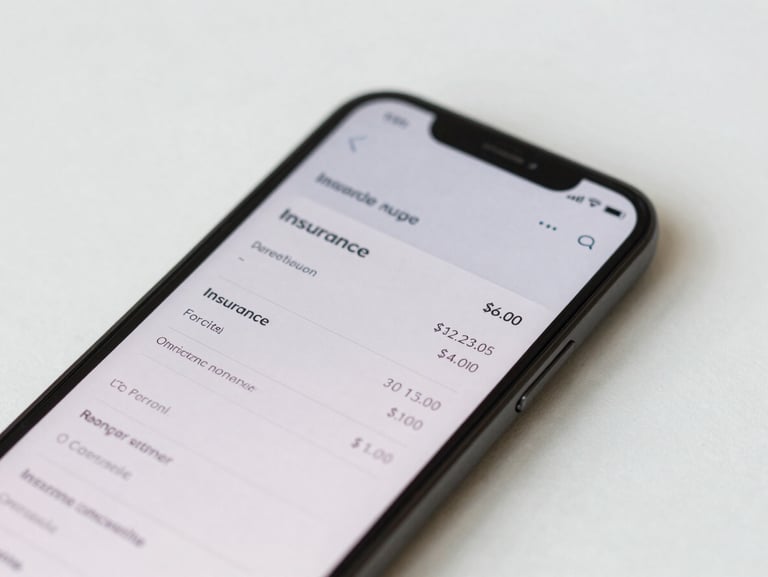 Close-up of a mobile phone screen displaying a clean insurance quote confirmation screen with price figure visible, flat-lay on white surface, bright daylight, no faces, minimalist composition