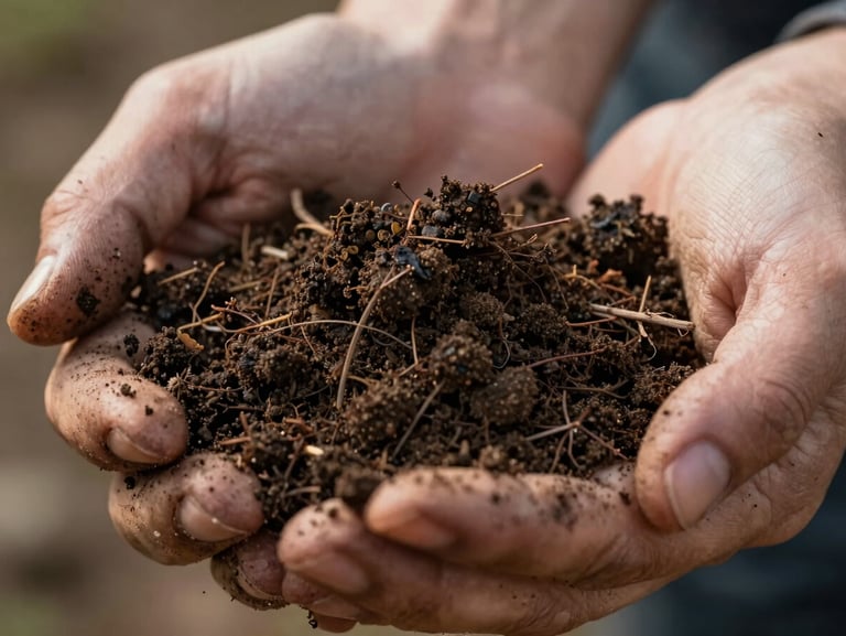 Macro close-up of dark, moist soil teeming with organic matter, held gently in weathered hands under soft morning light
