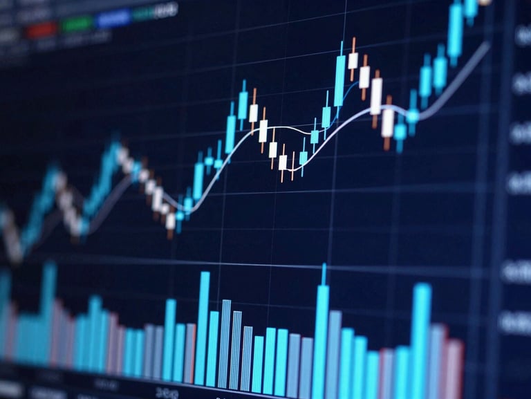 Extreme close-up of a Bitcoin price candlestick chart on a dark terminal screen, electric blue and cyan candles with volume bars below, subtle glow emanating from the chart lines against a deep navy background, screen-lit environment, no human subjects