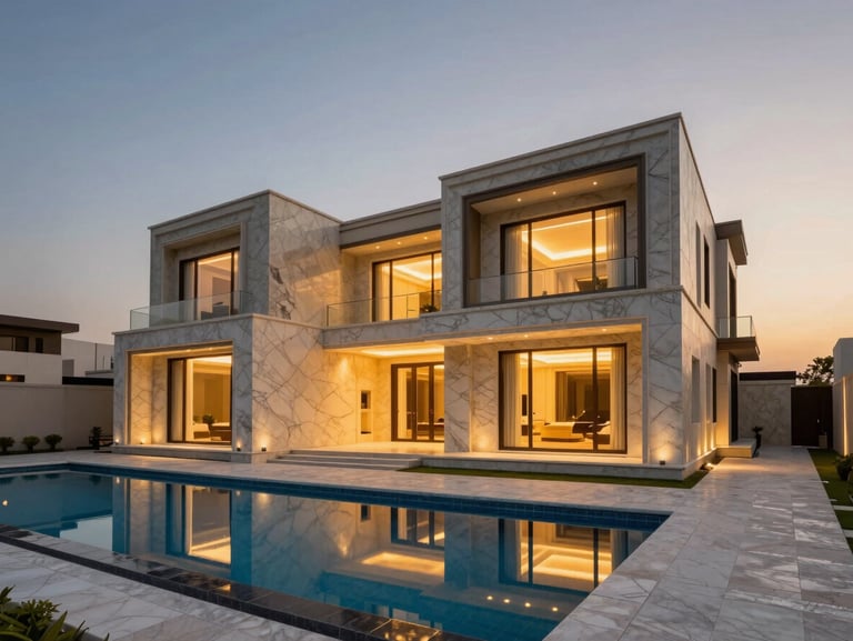 Wide-angle twilight shot of a modern luxury villa in Riyadh, glowing interior lights reflecting on a pristine private pool, high-end marble facade, golden hour sky.