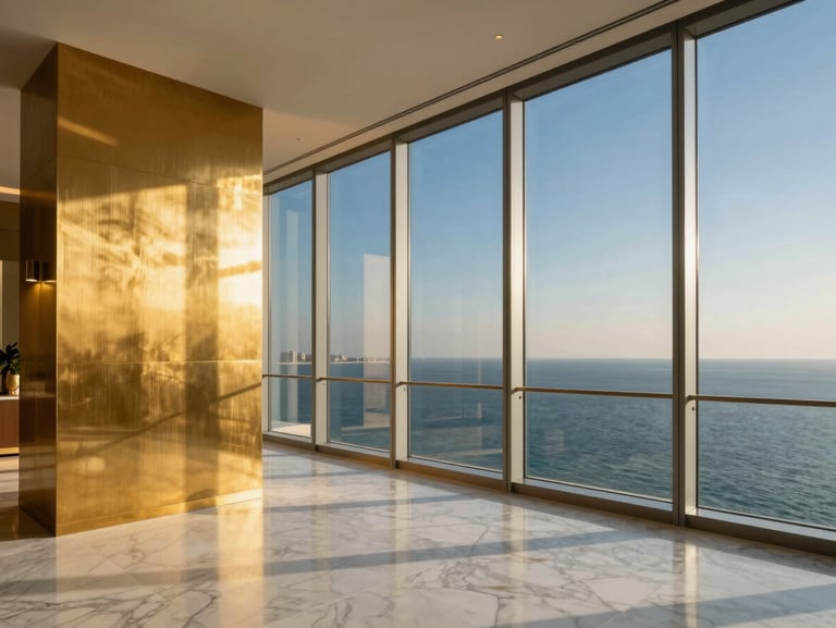 Sun-drenched minimalist penthouse interior in Jeddah, floor-to-ceiling windows overlooking the Red Sea, brushed brass fixtures, premium white marble flooring.