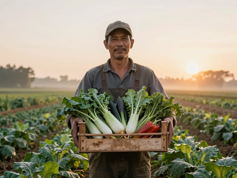 A farmer standing in an organic field at dawn, holding a crate of freshly harvested heirloom vegetables, soft golden light.