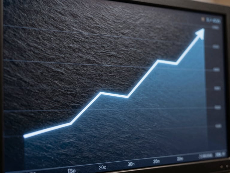 A close-up of a high-fidelity vector data visualization showing a smooth, upward wealth compounding curve on a dark slate screen with soft blue backlighting.