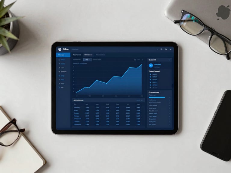 Overhead flatlay of a modern workspace, a clean tablet screen displaying a secure financial dashboard with crisp blue charts, neutral daylight, professional and secure.