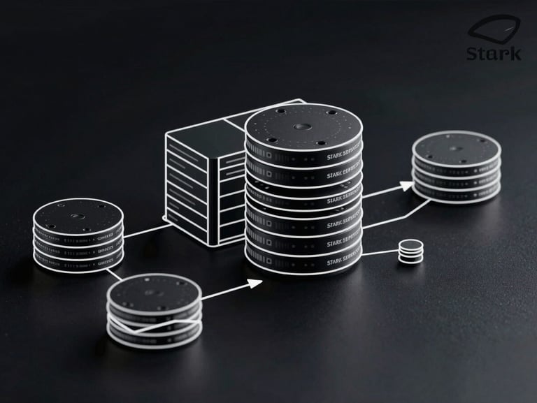 Stark high-contrast system architecture diagram, vector style, white lines on dark background, showing microservices and database clustering, clean technical layout.