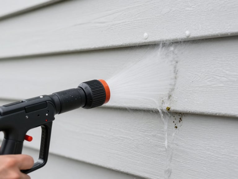 Close-up of a pressure washer wand held close to white vinyl siding, water sheeting off the surface in overcast daylight, mold residue visibly rinsing away, no person's face visible, tight environmental framing