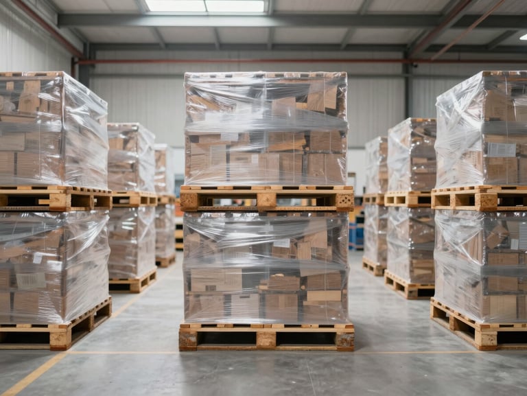 Straight-on architectural shot of a bright, clean UK warehouse interior, neatly stacked pallets with shrink-wrap, high-key industrial lighting, neutral colors.