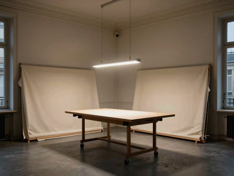 Wide shot of an empty Parisian atelier workroom at dusk, a single drafting table under directional lamp light, bolts of ivory fabric resting against the far wall, no people, hushed and architectural atmosphere