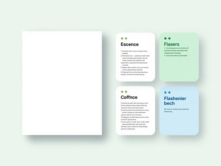 A clean minimalist digital mockup showing a PDF document on the left and automatically generated flashcards and summaries on the right, soft green and blue accents, bright high-key lighting